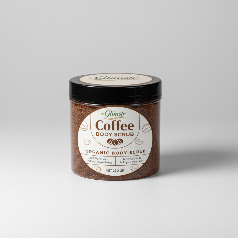 Jar of coffee body scrub with visible brand label on a gray background