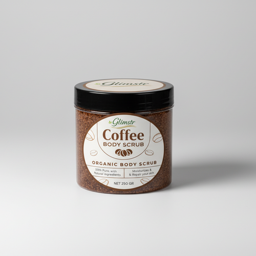 Jar of coffee body scrub with visible brand label on a gray background