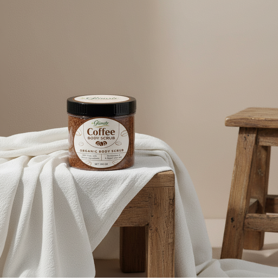 Jar of coffee body scrub on a wooden stool with a beige background