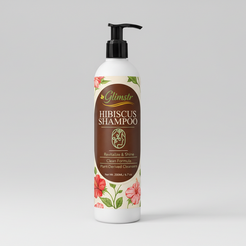 Shampoo bottle with floral design on a gray background