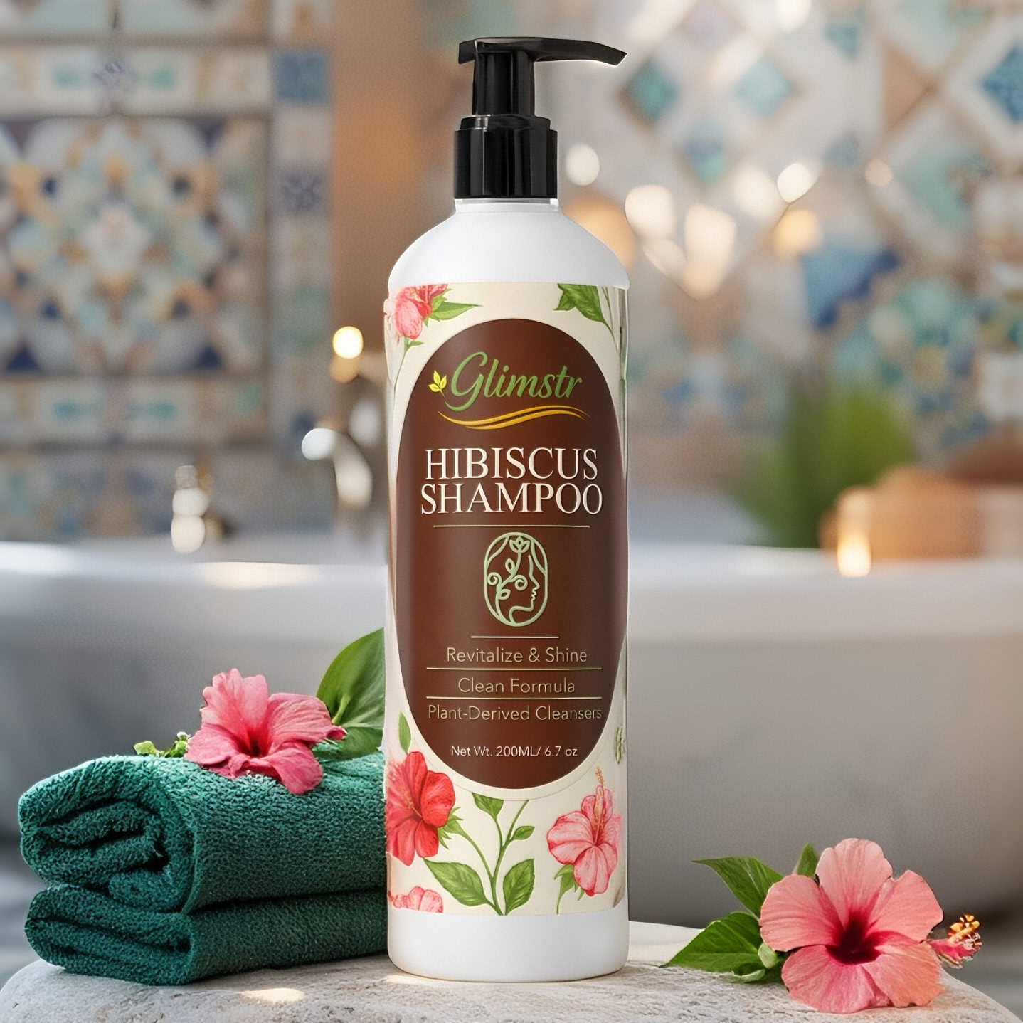 Glimste Hibiscus Shampoo bottle on a stone surface with flowers and towels in a bathroom setting