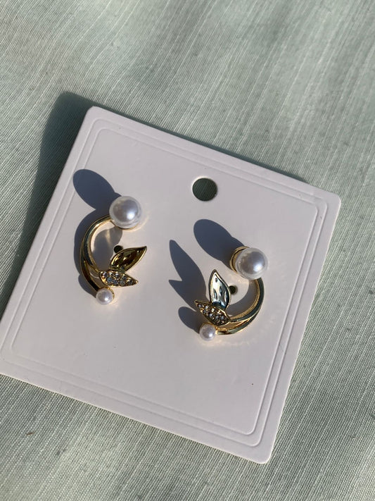 Elegant Gold Crescent Earrings with Pearl and Leaf Accents